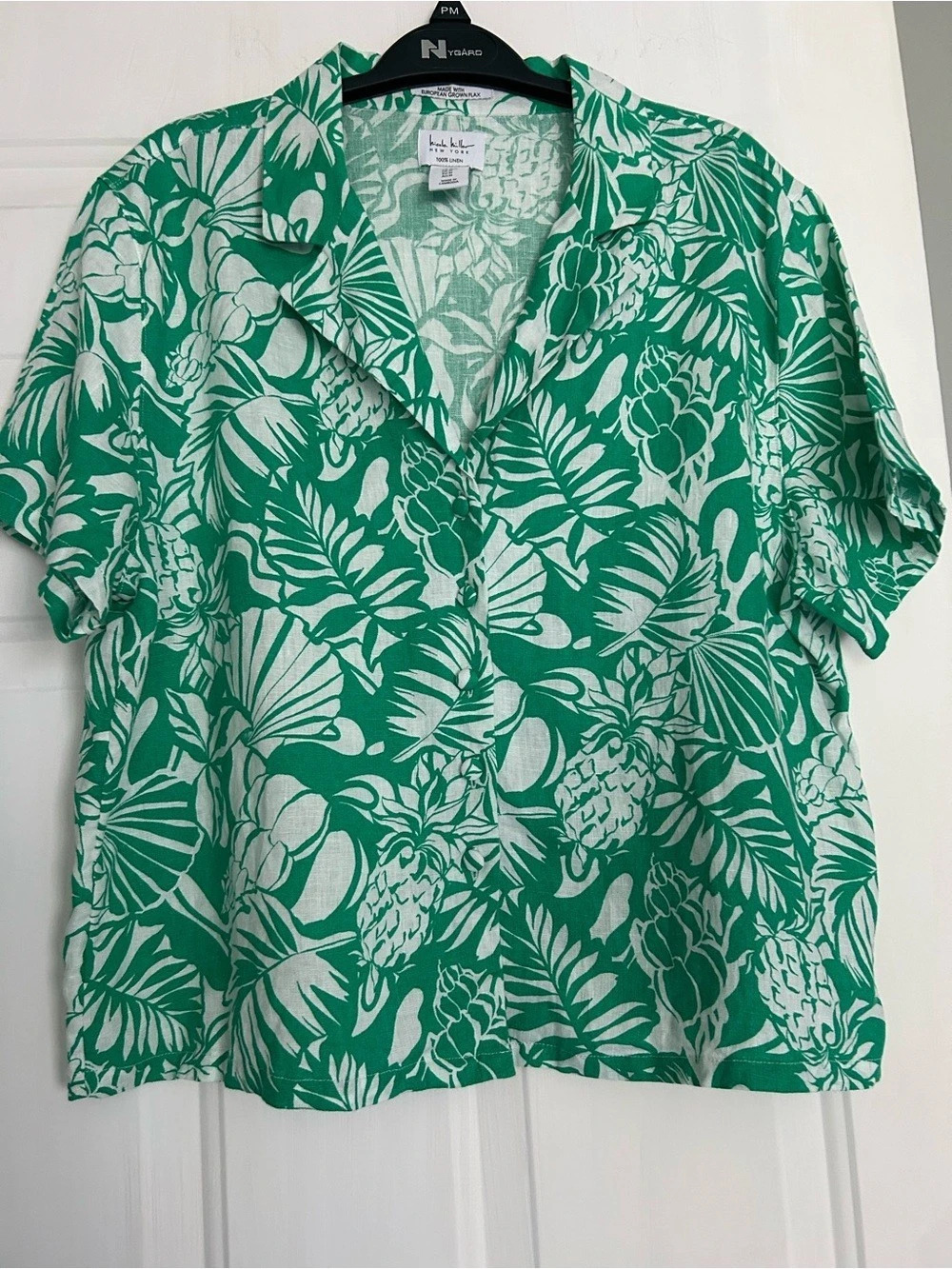 Nicole Miller New York Linen Floral Button-Front Shirt in Green & White Size